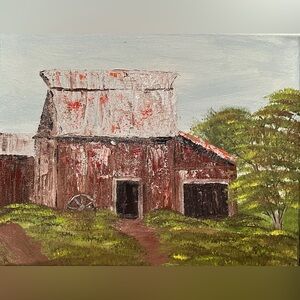 Vintage Farmhouse Barn Art with Red and Green Accents Painting